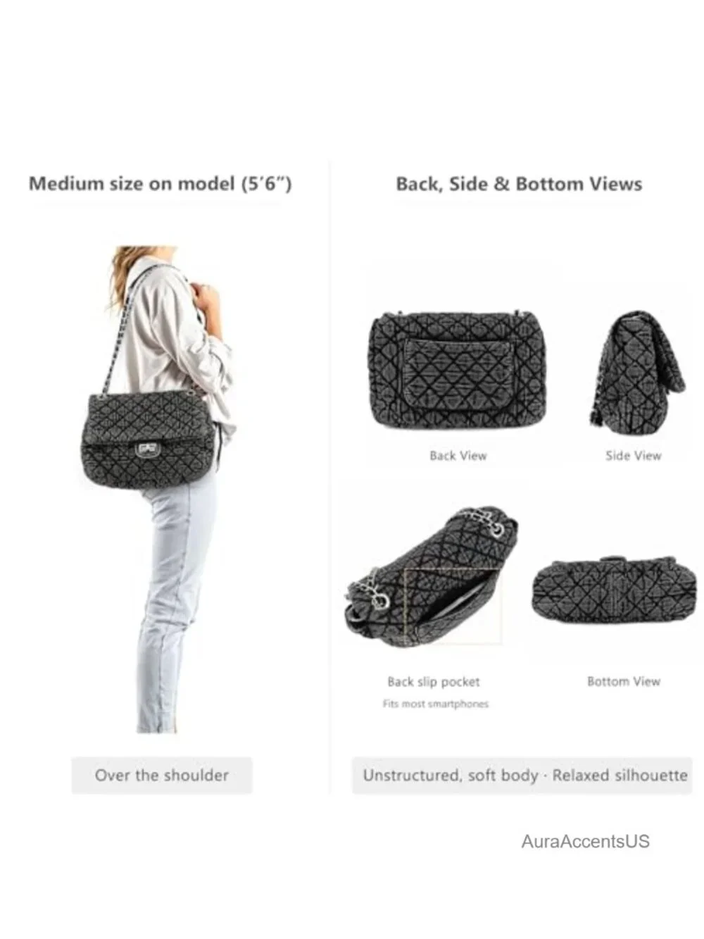 Quilted Denim Shoulder Hobo Bag Dual Chain Strap Flap Closure